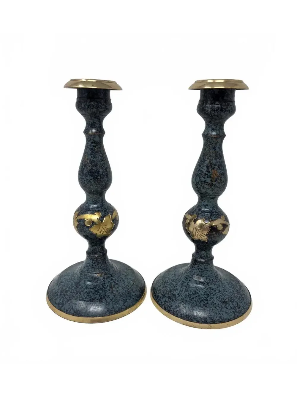 Vintage Solid Brass Candlesticks Pair Blue Finish Grapevine 7.5